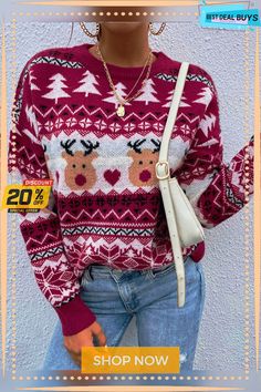 New Winter Clothes Red Christmas Clothes Pullover Holiday Sweater Casual Fair Isle Pattern Tops For Christmas, Cozy Long Sleeve Christmas Sweater, Holiday Crew Neck Sweater With Fair Isle Pattern, Red Crew Neck Sweater For Winter, Red Long Sleeve Christmas Sweater, Holiday Fair Isle Crew Neck Sweater, Cozy Winter Holiday Tops, Winter Holiday Fair Isle Pattern Tops, Winter Holiday Fair Isle Tops