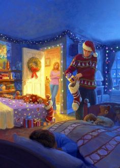 a painting of two people in a bedroom with christmas lights on the walls and teddy bears