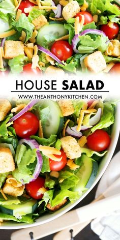 a salad with lettuce, tomatoes and croutons is shown in two separate bowls