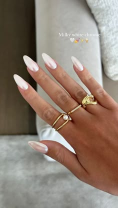 January Nail Ideas | Winter Manicure Inspo | Jan Cute Nails #January #januarynails French Manicure With Chrome On Top, Wedding Nails With Chrome, Rose Gold Hailey Bieber Nails, Wedding Nails For Bride Long Almond, White Base Chrome Nails, White Tips Coffin Shape, White Clean Nail Design, Milky White Almond Shape Nails, White Frost Nails