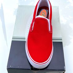 Nib. Color Red/White Sole. Size 9.0m Red Slip-on Canvas Shoes For Spring, Red Slip-on Canvas Shoes With Rubber Sole, Lugz Boots, Brown Winter Boots, White Slip On Sneakers, Moccasins Women, Womens Combat Boots, Deck Shoes, Fur Lined Boots