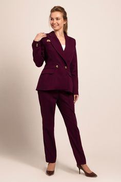 Double breasted suit featuring lapel collar jacket and high rise straight pants. Jacket: - peak lapels - padded shoulders - pocket details - contrast lined  Pants: - high rise - regular fit - straight style  - two front pockets Color: purple Shell fabric: 65% viscose, 30% polyester, 5% elastane Lining (jacket:) : 95% viscose, 5% elastan. Our model wears size 36 EU / 2 US and is 175 cm / 5'9" tall. Lined Pants, Womens Suits, Expensive Clothes, Western Outfits Women, Satin Bags, Collar Jacket, Breasted Blazer, Double Breasted Blazer, Double Breasted Suit