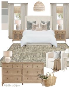 a bedroom is shown with neutrals and whites on the walls, carpet, bedding, lamps, pillows, and furniture