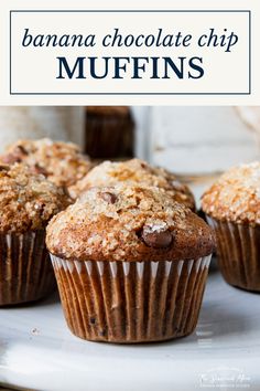 banana chocolate chip muffins on a white plate with text overlay that reads, banana chocolate chip muffins