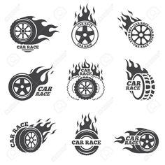 set of car logos with flames and wheels