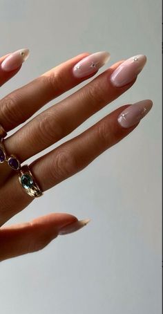 Cute Graduation Nails Almond, Small Rhinestone Nails, Sns Nail Inspiration, Almond Nails Ideas Elegant, Fun Bride Nails, Nail Inspo 2023 Almond, Graduation Nails Ideas 2023, Nail Inspo Summer 2023, Dainty Nail Designs