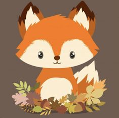 a cute little fox sitting in the middle of leaves and flowers on a brown background