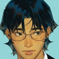 an anime character with black hair, glasses and a suit on his shirt is staring at the camera