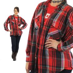 Red plaid shirt Flannel Grunge Large black red oversize 1990s long sleeve Button up Mens Large Red Flannel Shirt With Button Closure, Vintage Red Flannel Shirt For Fall, Retro Red Button-up Flannel Shirt, Vintage Red Button-up Flannel Shirt, Vintage Red Flannel Shirt, Red Tights, Shirt Flannel, Grunge Shirt, Red Plaid Shirt