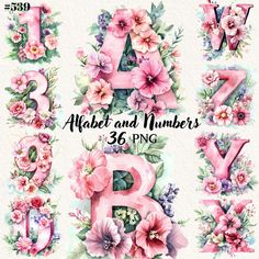 the letters and numbers are decorated with pink flowers