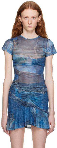 Semi-sheer stretch recycled polyester-blend mesh T-shirt. · Trompe l'oeil graphic pattern printed throughout · Crewneck Supplier color: Denim print Supreme Women Outfits, Trompe L'oeil Fashion, Printed Denim Shirt, Denim Print, Mesh T Shirt, Denim Chic, 2024 Trends, Really Cute Outfits, Denim Top