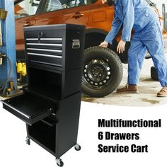 a man working on a truck with the words multifunctional 6 drawers service cart