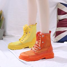 Spring Round Toe Boots For Outdoor Activities, Spring Outdoor Boots With Round Toe, Spring Outdoor Round Toe Boots, High-top Yellow Boots For Spring, Casual High-top Summer Boots, Yellow Lace-up Casual Boots, Trendy Orange Spring Boots, Casual Spring Outdoor Boots, Yellow Outdoor Boots For Fall