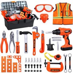 an assortment of tools and construction equipment are shown in this image, including safety vests