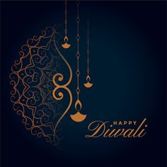 happy diwali greeting card with hanging lamps