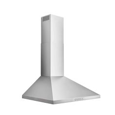 a white stove top oven sitting on top of a counter next to a wall mounted exhaust fan