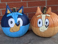 Bluey Cartoon Pumpkin Painting, Bluey Themed Pumpkins, Painted Pumpkin Ideas Bluey, Pumpkin Decorating Ideas Bluey, Painted Pumpkins 2023, Bluey Bingo Pumpkin, Fall Bluey Birthday, Pumpkin Painting Book Ideas, Trunk Or Treat Bluey Theme