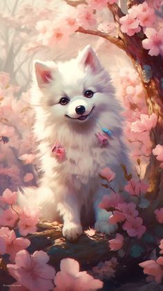 a painting of a white dog standing in front of pink flowers on a tree branch