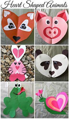 paper heart shaped animals with faces cut out and painted to look like they are in different colors