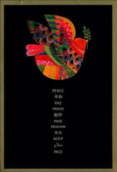 a colorful bird sitting on top of a black background with the words peace in different languages