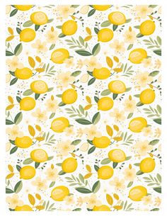 yellow lemons with leaves and flowers on a white background, seamless pattern illustration