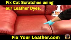 a man cleaning a red leather couch with blue gloves on it's arm and the caption fix cat scratches using our leather dyes