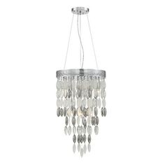 a chrome chandelier with crystal drops hanging from it's center and bottom