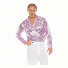 Shine under the disco ball at your next retro themed party. This funky purple 70’s shirt will have you grooving to the music all night long. The 70’s inspired Disco Adult Shirt features a shiny pinkish purple long sleeve shirt with circles and a butterfly collar. Hand wash cold water with mild soap. Tumble dry low. For best results hang or lay flat to dry. Retro Themed Party, 70s Disco Costume, 1970s Costume, Disco Costume, 70s Shirts, Disco Shirt, 70s Disco, Costume Shirts, Disco Outfit