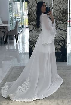 What if my size is not currently in stock? We also offer a custom service for many of our luxury robes.  We can custom make this robe for you in a standard size or in your very own custom measurements - you can also customise the train length! Visit our custom bridal robe collection here and your robe will be handmade in our workshop just for you. The Maxine Luxury Bridal Robe is made of premium chiffon, that has a gorgeous soft touch and movement - perfect for creating those morning photos. She Couture Techniques, Luxury Robes, Bridal Robe, Kimono Sleeves, Luxury Bridal, Custom Bridal, Bridal Robes, Kimono Sleeve, Lace Panelled