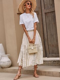 Apricot Casual   Lace Plain   Non-Stretch  Women Beachwear Pareo Skirt Outfit, White Lace Skirt Outfit, Wedding Skirts, Skirt Outfits Korean, A Line Skirt Outfits, Modest Woman, Cream Outfit, Collage Photos, White Lace Skirt