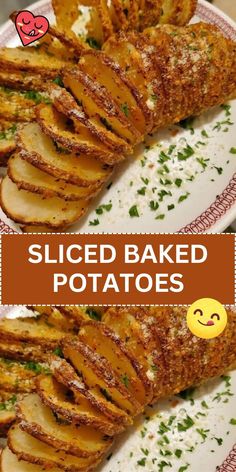 sliced baked potatoes on a plate with text overlay