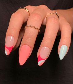 Spring Nail Inspo 2023 Short, Artsy Nail Ideas, Acrylic Nail Designs For Summer Almond, Blue And Coral Nails, Nails Disigne, Retro Nail Art, French Nails Design, Coral Nails With Design, Coral Nails