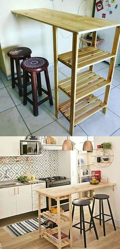 there are two pictures of different stools in the kitchen