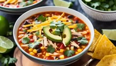 two bowls filled with chicken tortilla soup and topped with avocado