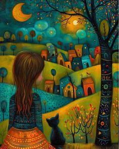 a painting of a girl and her cat looking at the moon in the night sky