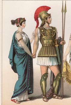 two women dressed in roman costumes, one holding a spear and the other looking at another woman