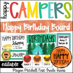 a birthday card for campers with the words happy birthday, and an image of trees