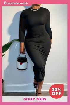 knowfashionstyle Black O Neck Long Sleeve Wrapped Skirt Plus Size Bodycon Maxi Dress Dress For Curvy Women, Bodycon Plus Size, Wrapped Skirt, Shaved Side Hairstyles, Plus Size Bodycon, Bodycon Maxi Dress, Skirt Plus Size, 21st Dresses, Bodycon Maxi Dresses