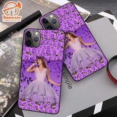 two iphone cases with purple roses and a girl in a white dress on the cover