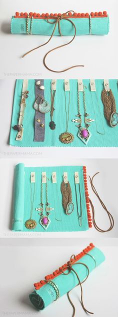 three different ways to display jewelry on a long piece of blue fabric with orange beads