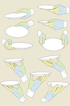 several different types of paper plates with hands holding them in the middle and one on top