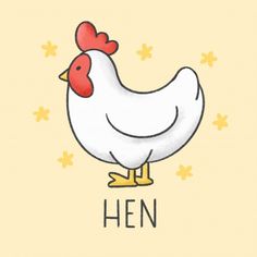 a white chicken with a red comb on it's head and the word hen written below