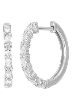 Add sparkle and sway to your look with handcrafted hoops set in 18-karat gold and marked with a mix of marquise and round diamonds. Total diamond weight: 0.56ct. Color: G Clarity: VS 18k gold/diamond Imported >Diamond Guide Fine Jewelry Marquise Hoop Earrings For Anniversary, Elegant Diamond Marquise Hoop Earrings, Elegant Marquise Diamond Hoop Earrings, Fine Jewelry Marquise Hoop Earrings For Wedding, Marquise Hoop Earrings For Wedding, Fine Jewelry, Elegant Marquise Hoop Earrings For Anniversary, Elegant Marquise Hoop Earrings For Wedding, Bony Levy, Diamond Guide