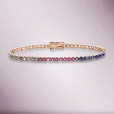 Multicolor Rainbow Sapphires Tennis Bracelet ( 9.10 ct. t.w. ) in solid 14k Gold, Round Multi Sapphire 4-Prongs Tennis Bracelet Sapphire Tennis Bracelet, 14k Rose Gold Bracelet, Rainbow Sapphires, Multi Sapphire, Color Rainbow, White Gold Bracelet, Sapphire Bracelet, Yellow Gold Bracelet, Box Chain