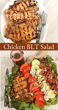 chicken blt salad with tomatoes, cucumbers and lettuce on the side