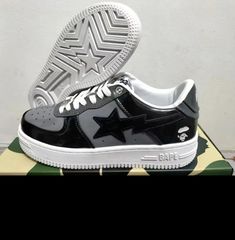 A Bathing Ape Bape Sta Low Sneakers Grey Black. Check out these and more designs in our store. #bape #bapesta #sneakers #shoes #christmasgifts #shopping #style #pinitforlater Bape Sneakers Outfit, Bape Star Shoes, Bape Sta Shoes, Bapesta Sneakers, Pe Shoes