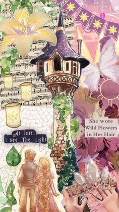 an altered collage with flowers and other things on it, including a castle in the background