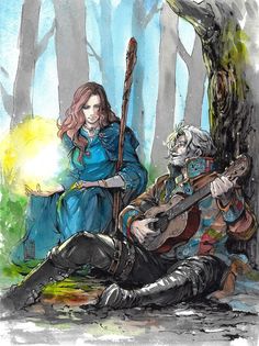 a drawing of a woman sitting next to a man holding a guitar in the woods