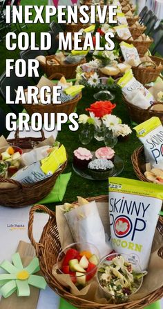 a table filled with lots of food on top of it and the words inexensive cold meals for large groups