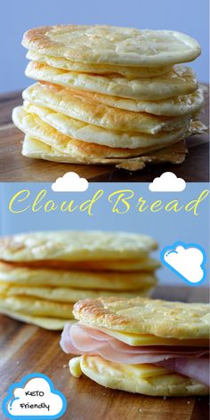 pancakes stacked on top of each other with the words cloud bread above them and an image of